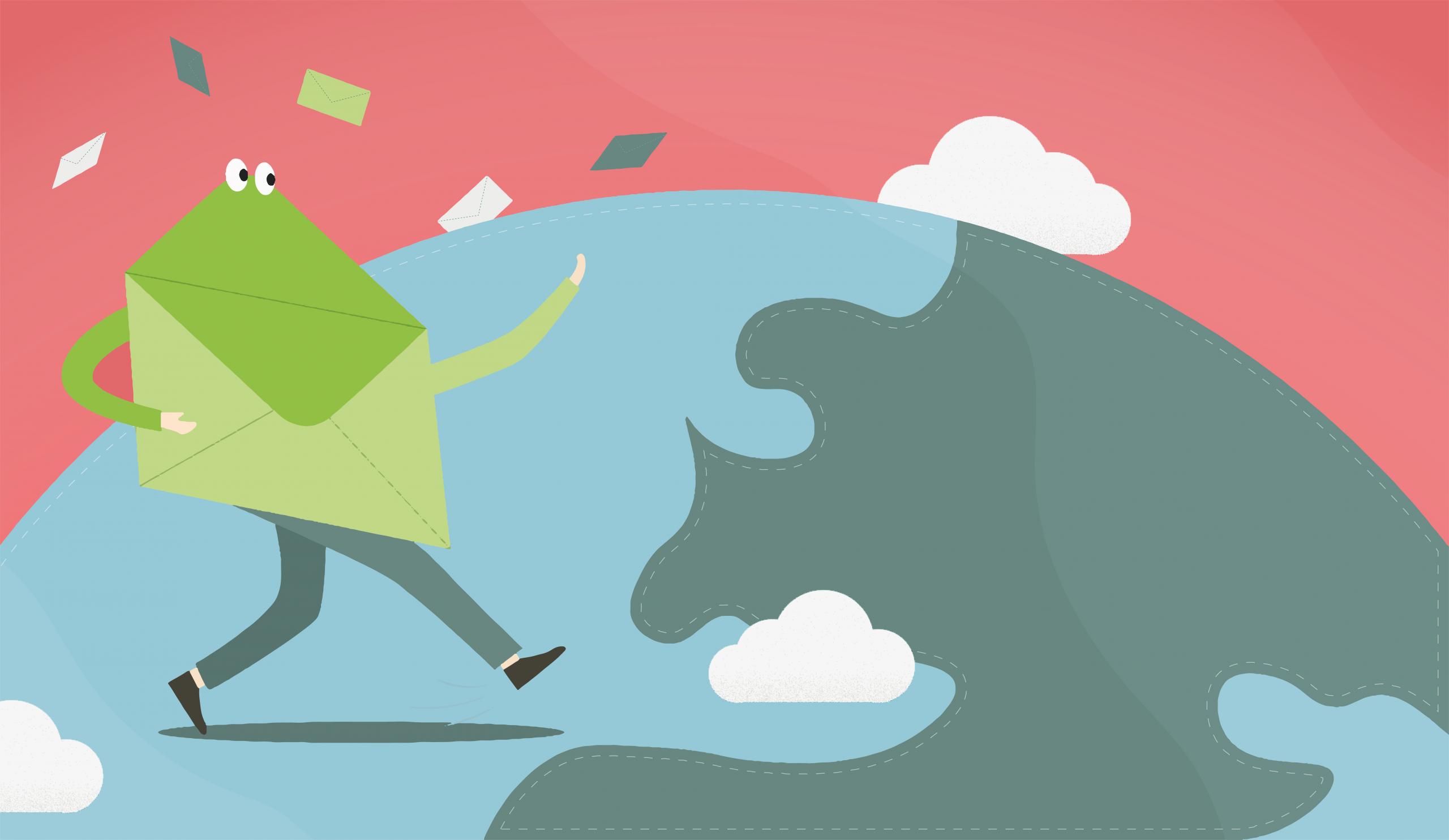 A cartoon visual of a world with a email with legs walking over it