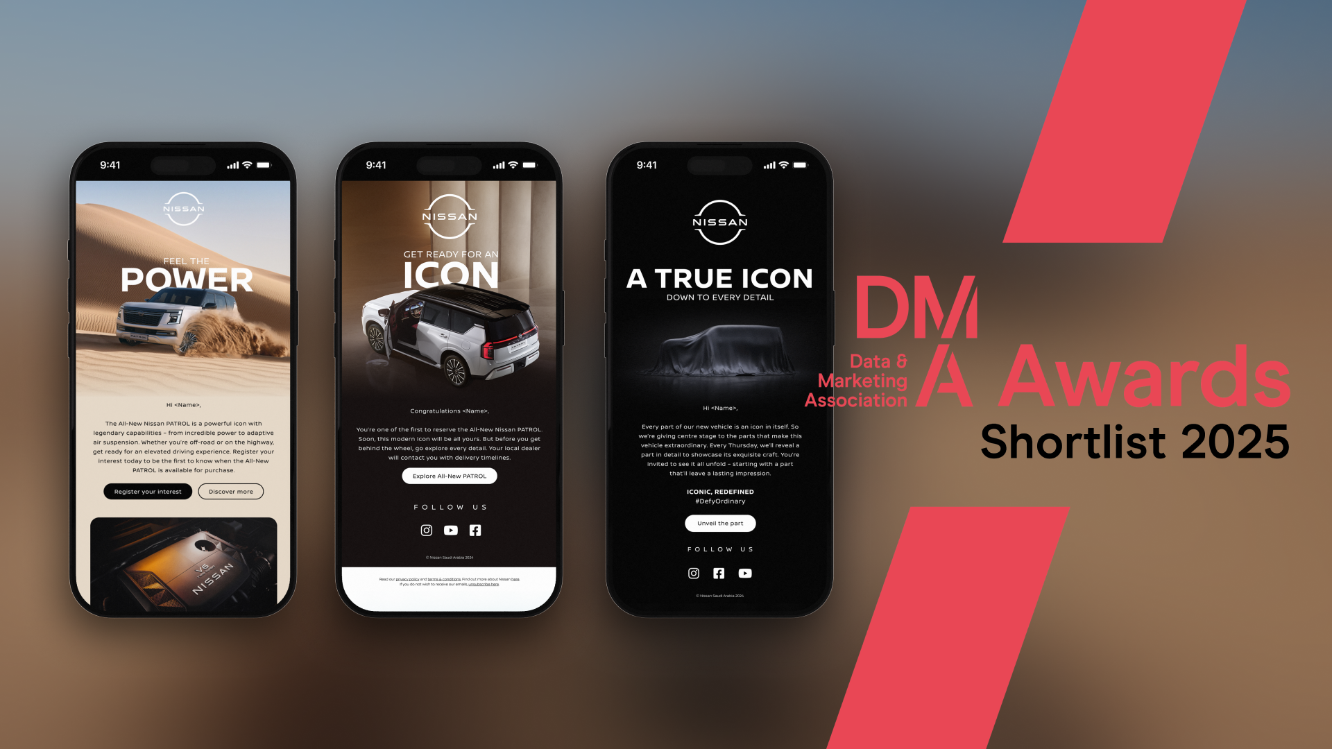 Nissan Patrol email maock ups from Flourish with the DMA Awards shortlist logo in red and black.