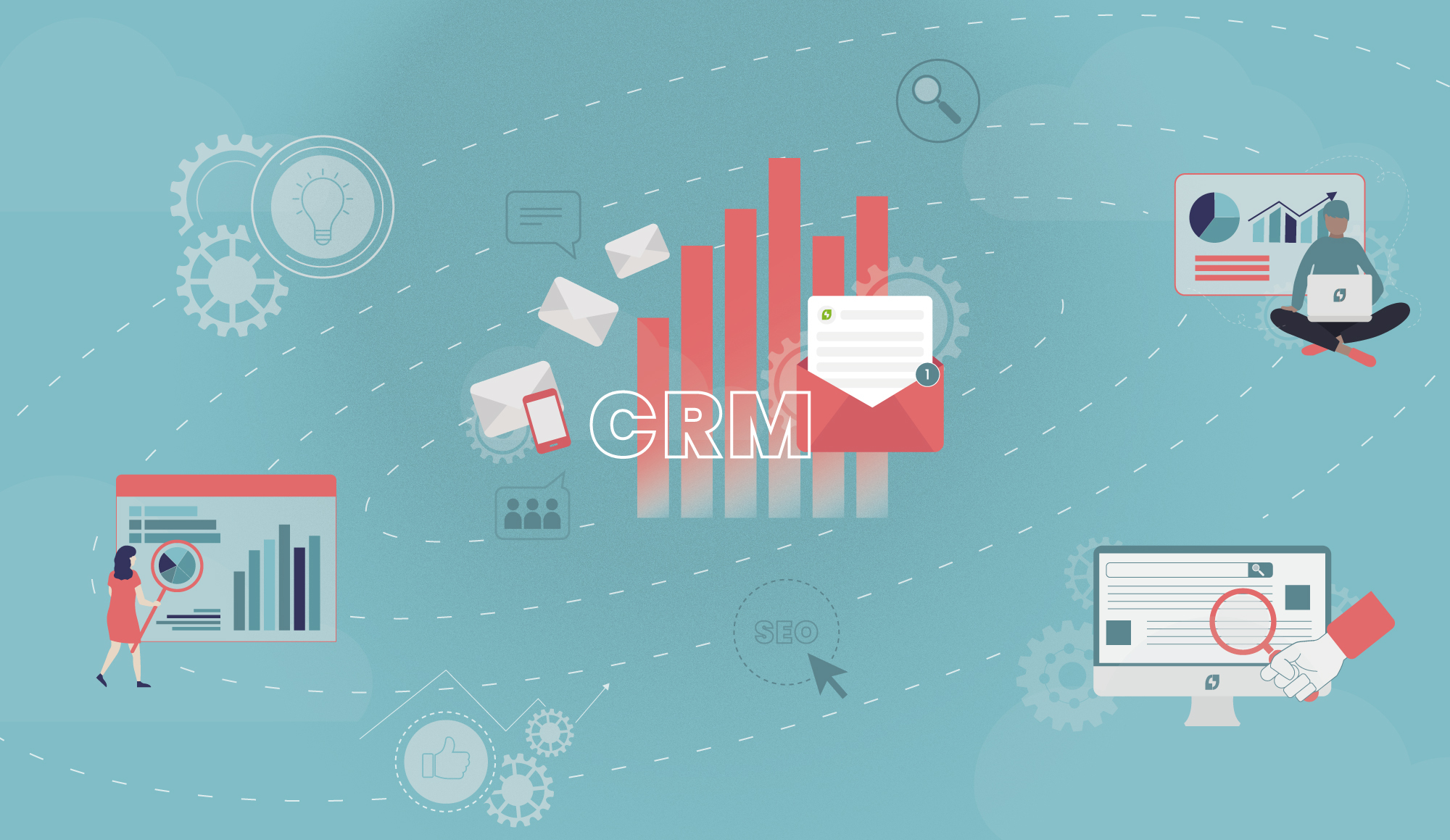 Visual of illustrations linked to CRM and SEO