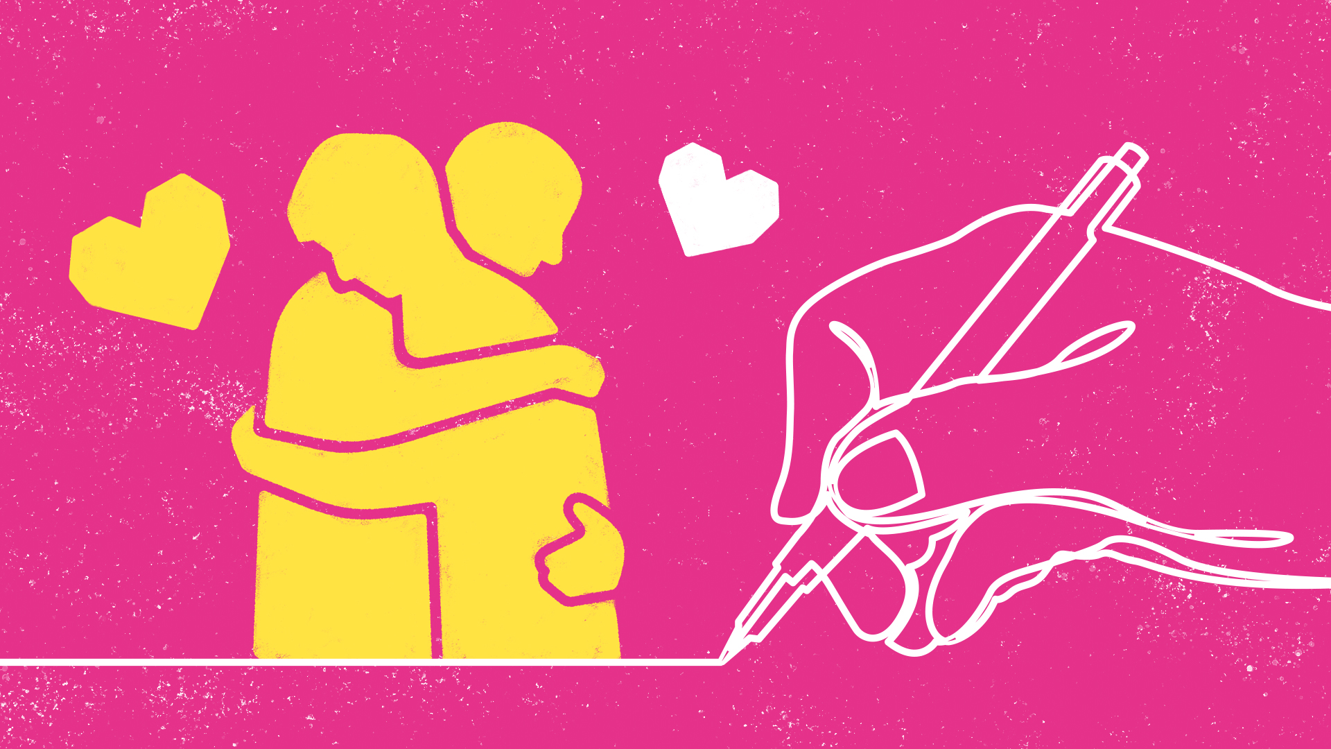 Pink and yellow graphic of two figures hugging, with a white outline of a hand writing.